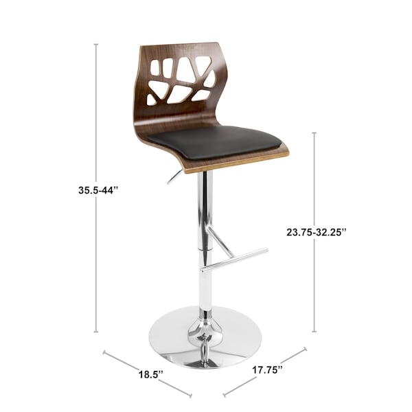 Folia Adjustable Swivel Barstool In Walnut And Black Faux Leather